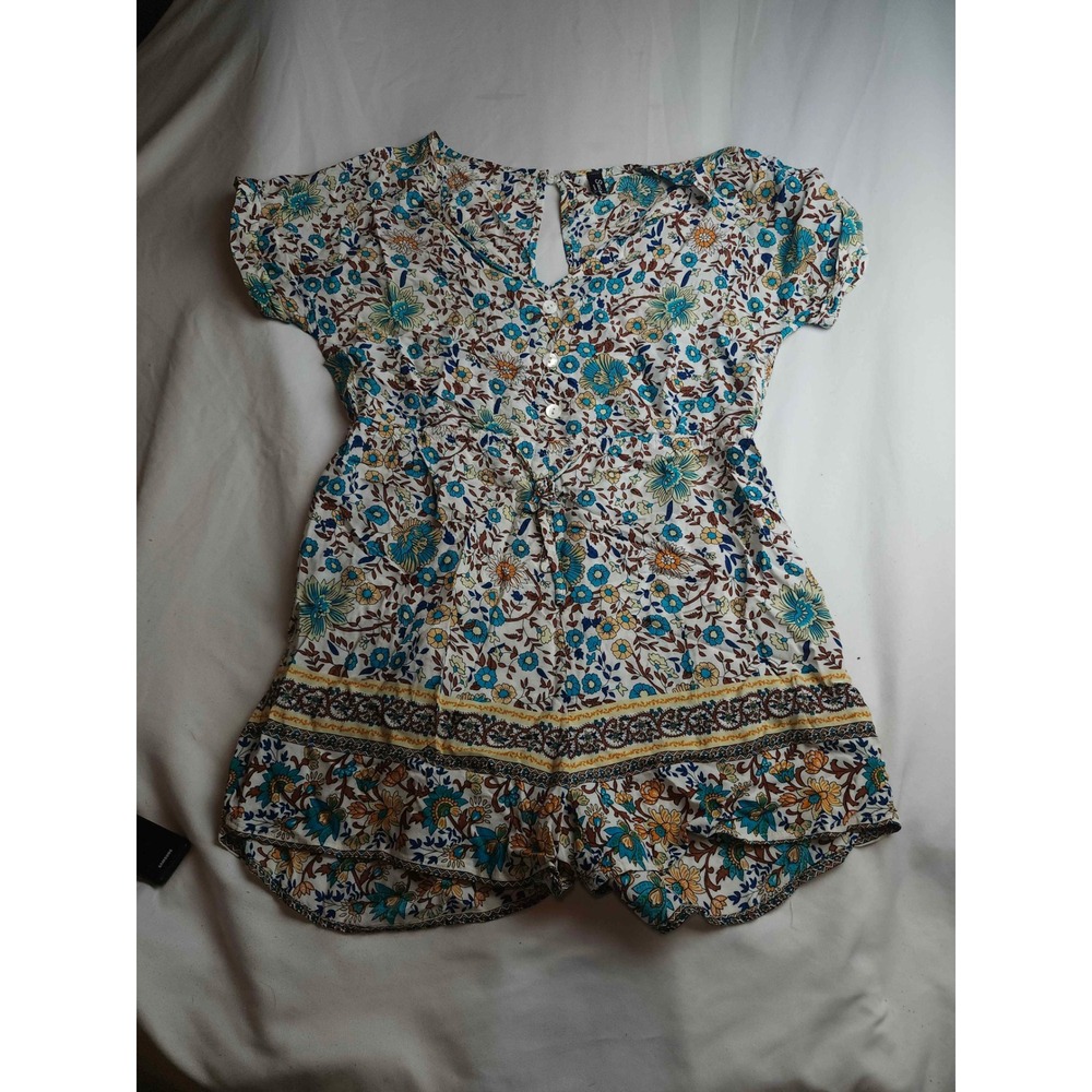Sucer Floral Print Short Sleeve Romper Blue Yellow White Womens Size L